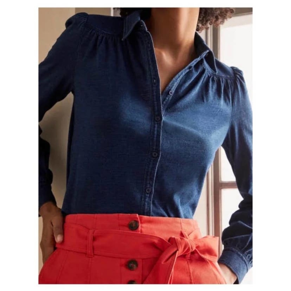 Boden Gathered Detail Jersey Shirt Top Size 10 Blue
